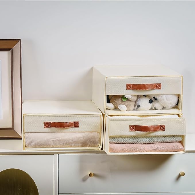 Closet Organizers and Storage Bins, Stackable Storage Drawers, Fabric Organizer Bins with Drawers,Stackable Closet Bins with Clear Window for Bedroom, Shelf,Room15.7"x 12.6"x 6.7"(Beige)