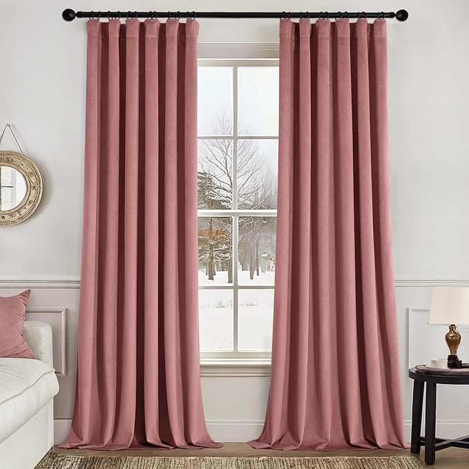 MIULEE Velvet Curtains 90 Inches Long 2 Panels Set for Bedroom, Pinch Pleat Back Tab Luxury Thermal Insulated Pink Living Room Darkening Drapes Pleated Blackout Window Curtains with Hooks, Dusty Rose