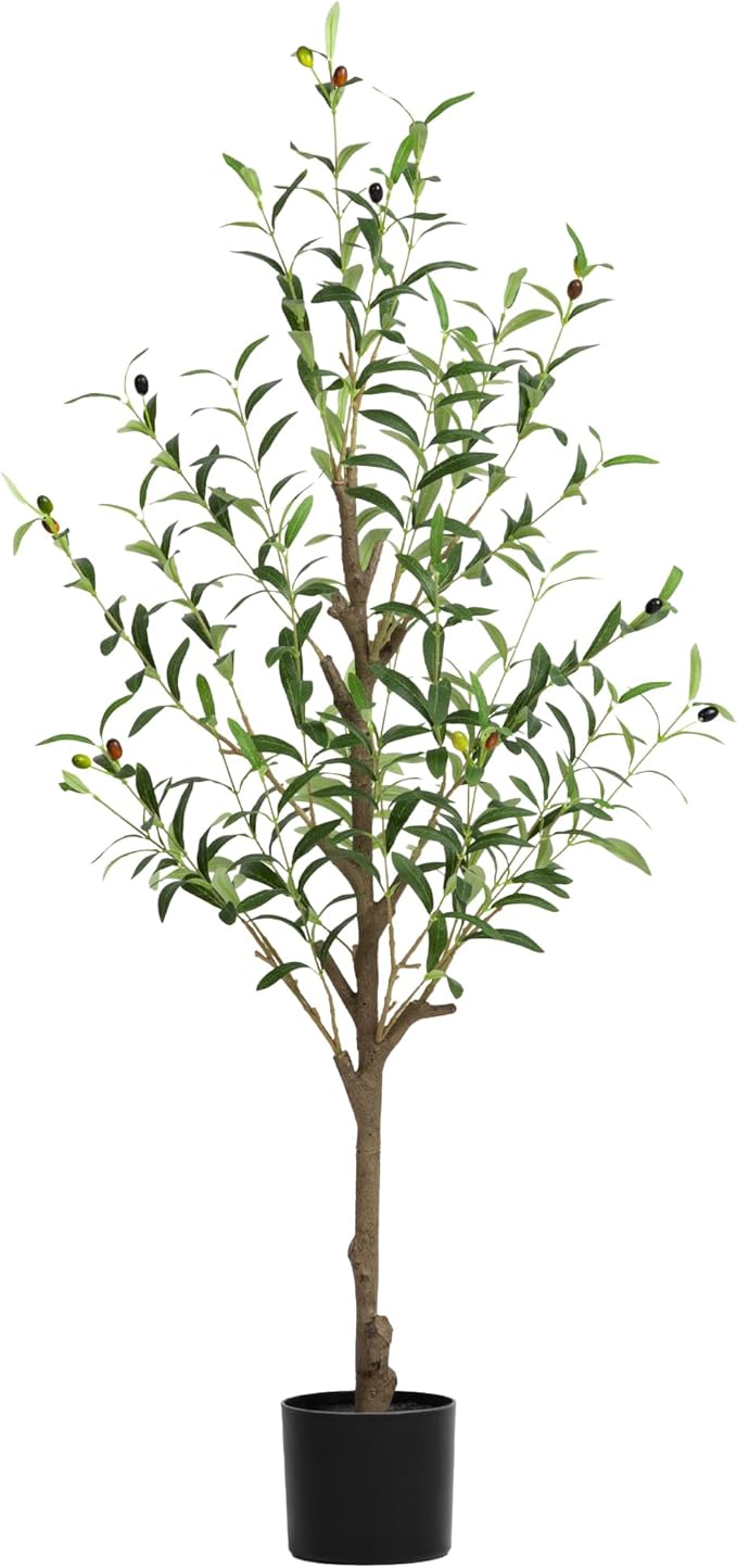Artificial Olive Tree 4FT, Tall Faux Olive Trees for Indoor Outdoor, Realistic Potted Plant Natural Wood Trunk, Leaves and Fruits for Home Office Decor (1, 4FT)