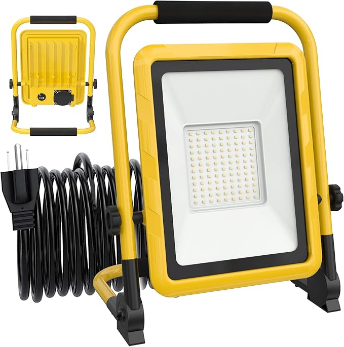 10000LM LED Work Light, 50/80W Patterns Portable Flood Light with Socket & Switch, Outside Work Lights with Stand,16.4 ft Cord, 2 Brightness Modes Adjustable Worklight for Workshop Garage,Construction
