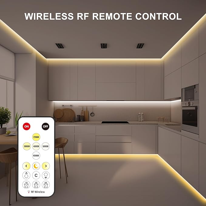 32.8ft Tunable White COB Led Strip Light with RF Remote, CRI93+ Dimmable CCT 2700K-6500K COB Led Tape Lights, Adhesive High Density Led Light Strip for Bedroom, Kitchen, Cabinet
