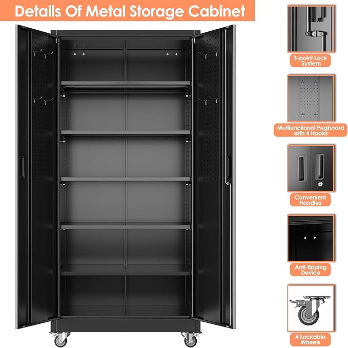 Garage Storage Cabinet with Wheels & Pegboard, Lockable Metal Storage Cabinet with Doors and 5 Adjustable Shelves for Garage Workshop Home, Assembly Required, Black, 71" H×34" W×18" D