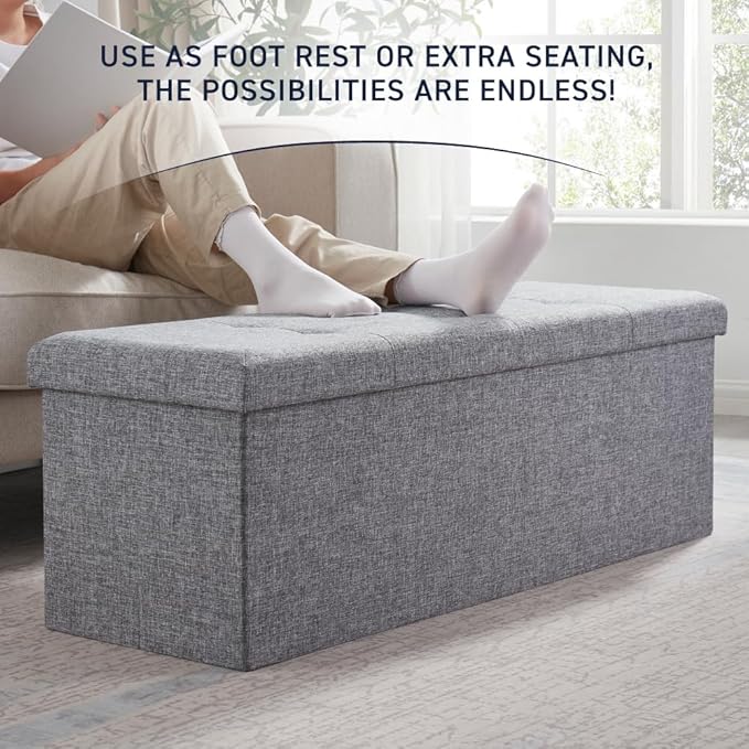 Ornavo Home 43 Inch Folding Storage Ottoman with Storage Bench, Long Large Storage Ottoman Bench, Storage Chest, Foot Rest Stool, Bedroom Bench with Storage- (Gray)