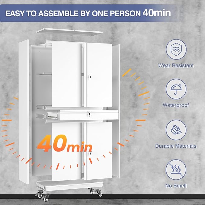 73" Metal Garage Storage Cabinet with Wheels， Rolling Tool Storage with Locking Doors， Adjustable Shelves and Drawer, Heavy Duty Steel Tool Cabinet for Garage, Warehouse, School(White)