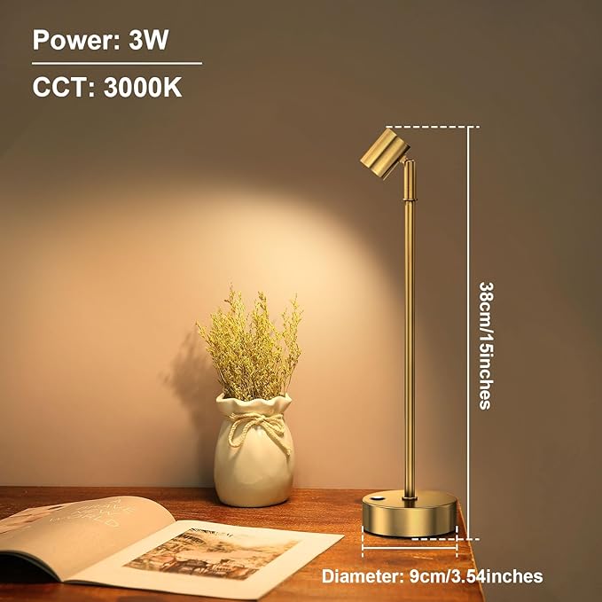 IMAGE Golden Cordless Spotlight High-Power Adjustable Table Accent Light for Plants, Artwork, Jewelry Displays, Shelves, and Cabinet, Warm White Wireless, USB Type-C, for Home, Restaurant, and Bar