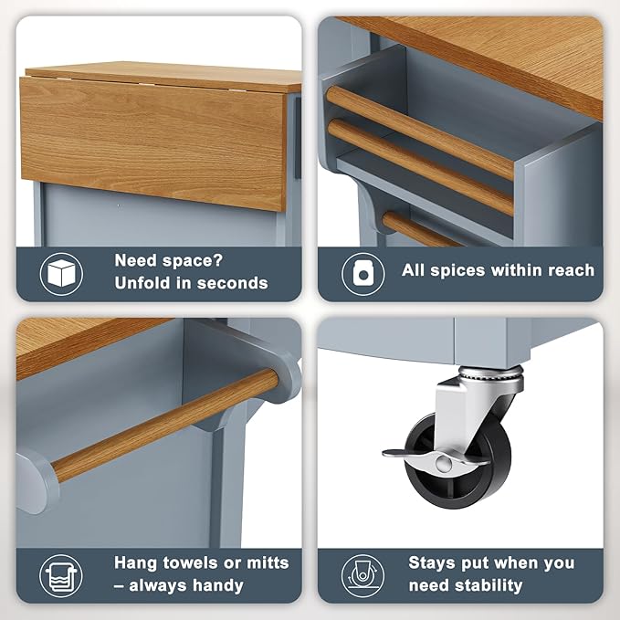 52" Retro Kitchen Island with Storage, Embossed Texture Kitchen Island on Wheels with Drop Leaf, Adjustable Shelf & Oak Veneer Tabletop, Spice/Towel Rack, Blue