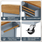 52" Retro Kitchen Island with Storage, Embossed Texture Kitchen Island on Wheels with Drop Leaf, Adjustable Shelf & Oak Veneer Tabletop, Spice/Towel Rack, Blue