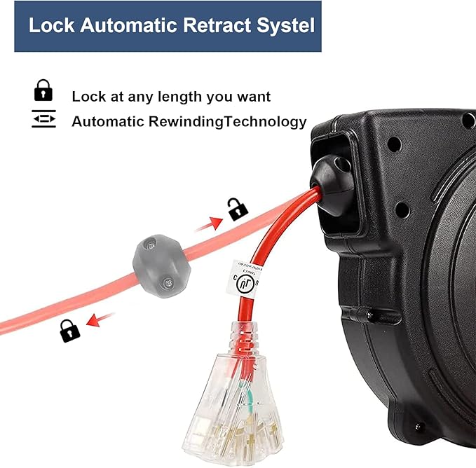 Retractable Extension Cord Reel, 65 Feet 12 AWG/3C SJTOW Heavy Duty Power Cord,15 AMP Circuit Breaker, 3-Lighted Triple Outlets, Ceiling or Wall Mount Use