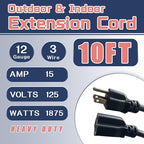 10 Ft Outdoor Extension Cord - 12/3 SJTW Heavy Duty Black Extension Cable with 3 Prong Grounded Plug - Power Cord for Lawn, Garden, Appliances