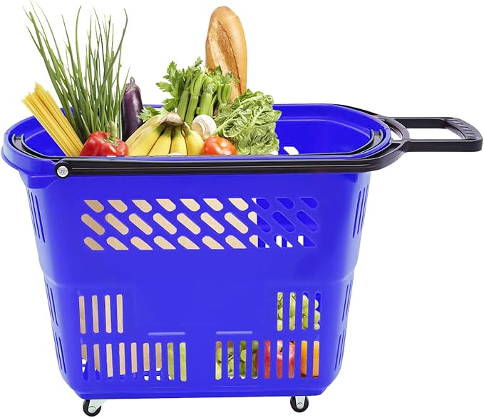 6PCS 35L Rolling Shopping Baskets with Wheels Portable Grocery Basket Set with Handles Plastic Shopping Cart for Supermarkets, Retail Stores, Bookstores (Blue)