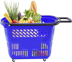 6PCS 35L Rolling Shopping Baskets with Wheels Portable Grocery Basket Set with Handles Plastic Shopping Cart for Supermarkets, Retail Stores, Bookstores (Blue)