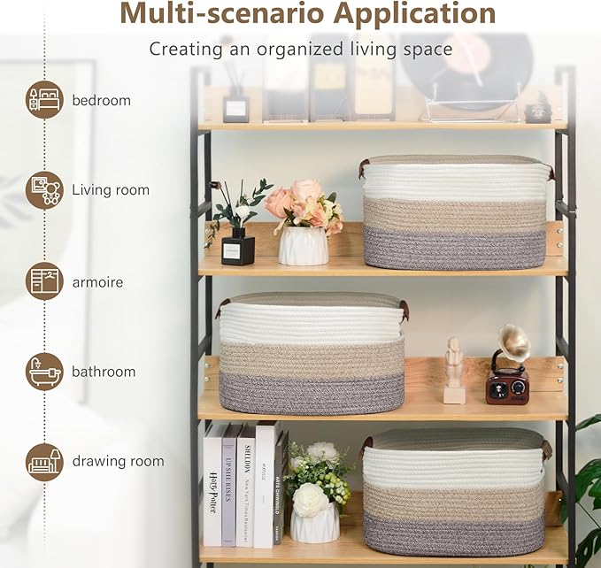 Cotton Rope Basket, Storage Baskets with Handle, 15x10x9 Inch Woven Basket for Shelves, Laundry, Towels, Clothes, Books, (Gradient Brown 2 Pack)