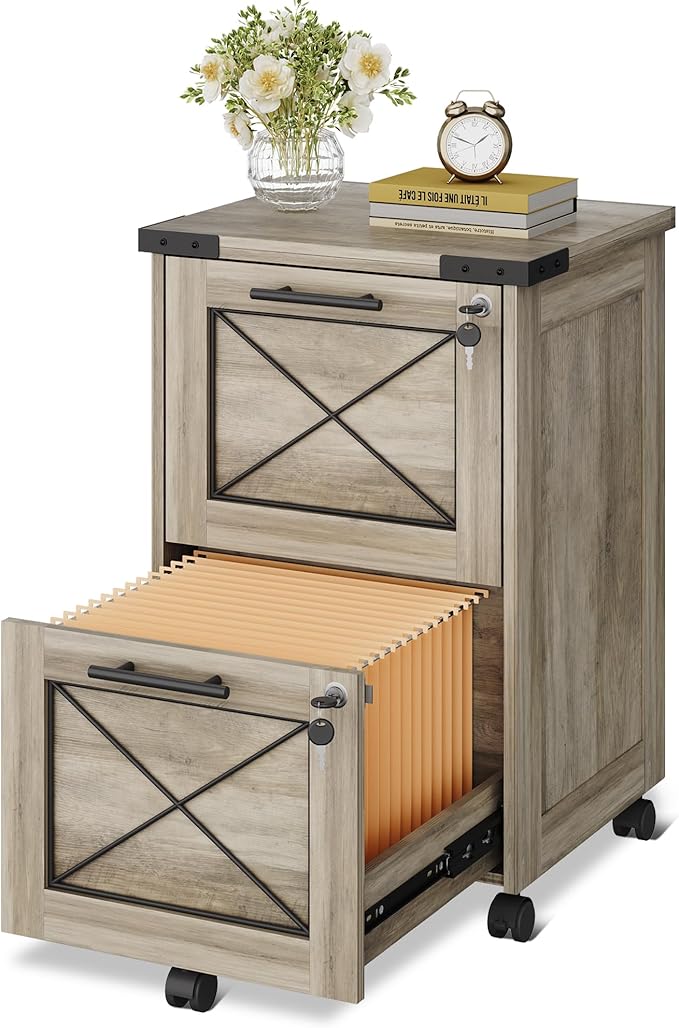 DEVAISE 2 Drawer File Cabinet with Hanging Files,Mobile Rolling Storage Cabinet for Home Office,Under Desk Filing Cabinet with Lock,Printer Stand,Gray Oak
