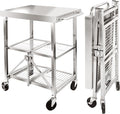 3 Tired Folding Grill Cart, Metal Pizza Oven Stand Table with 2 Total Lock Casters, Stainless Steel Outdoor Rolling Cart with Wheels for Home Party, Bar, Camping