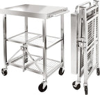 3 Tired Folding Grill Cart, Metal Pizza Oven Stand Table with 2 Total Lock Casters, Stainless Steel Outdoor Rolling Cart with Wheels for Home Party, Bar, Camping
