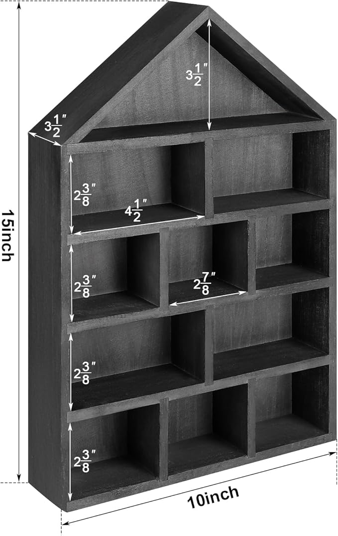 House Shaped Wooden Shadow Cubby Box 10 W x 2 1/4 D x 15 H Hanging Display Shelf Organizer Wall Mounted Curio Cabinet Wooden Display Case Miniature Shelf for Figures(Black)