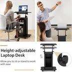 Tangkula Mobile Lectern Podium, Height Adjustable Podium Stand, Standing Sit-to-Stand Desk, Rolling Cart Laptop Desk with Swivel Top Movable Wheels & Storage