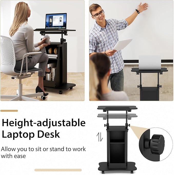 Tangkula Mobile Lectern Podium, Height Adjustable Podium Stand, Standing Sit-to-Stand Desk, Rolling Cart Laptop Desk with Swivel Top Movable Wheels & Storage