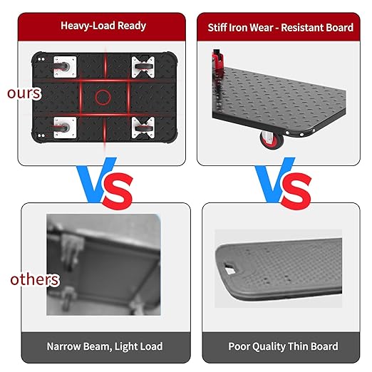 Foldable Push Cart Dolly, 330lbs Flat Bed Carts with Wheels & Anti-Collision Strips, Heavy Duty Platform Truck for Household Tasks, Moving, 360° TPR Mute Wheels for Easy Maneuver, Black Red