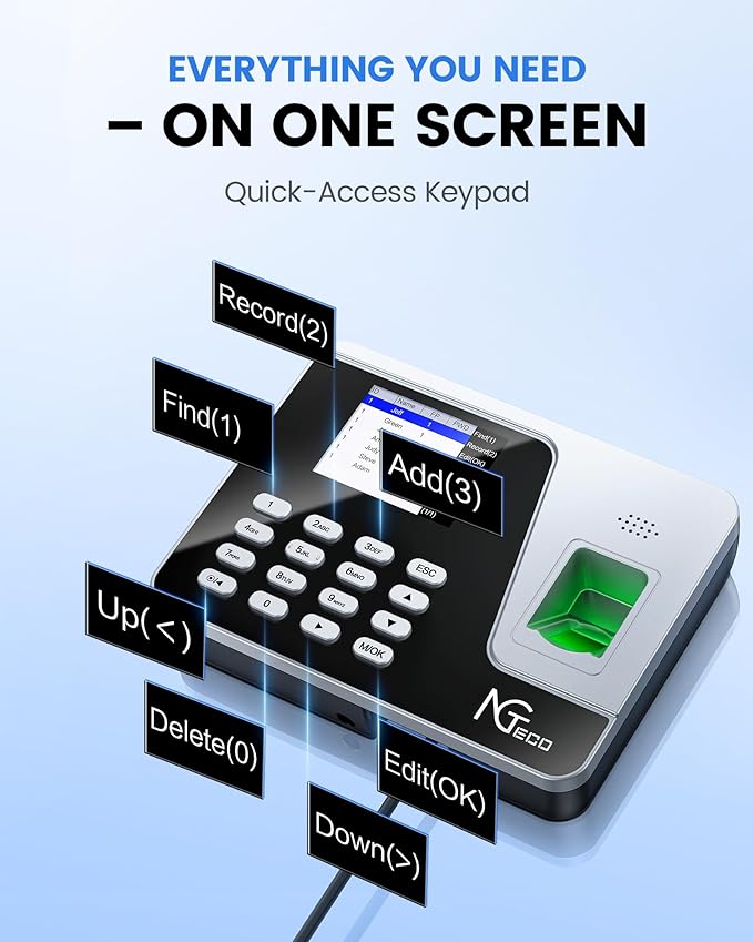 NGTeco Standalone Time Clock, Fingerprint & PIN Time Clocks for Employees Small Business Without WiFi & Software, Clock in and Out Machine for Employees, No Monthly Fee