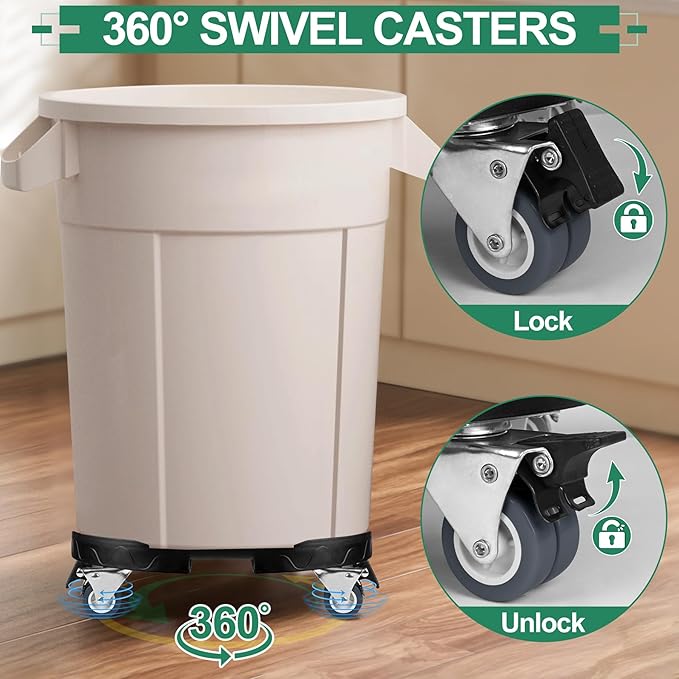 ToLanbbt Trash Can Dollies with Wheels, 15-19 in Adjustable Round Furniture Dollies Heavy Duty 440 LBS Drum Rolling Base Keg Carts for 20, 32, 44, 55 Gallon Garbage Cans, Black, 2 PCS