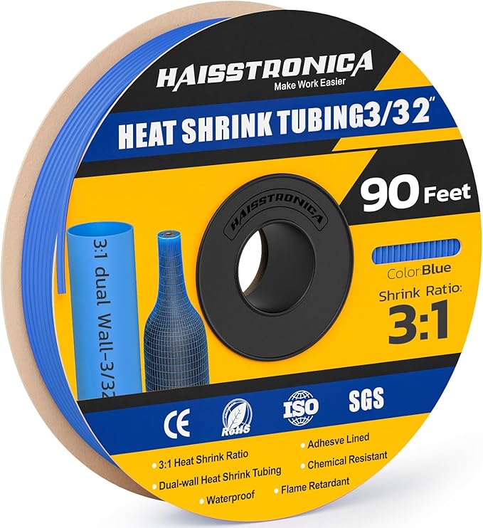 haisstronica 3:1 Heat Shrink Tubing, Shrink Ratio Adhesive Lined Marine Grade Heat Shrink Tube for Home, Automotive and Industrial (Blue) 90FT 3/32inch