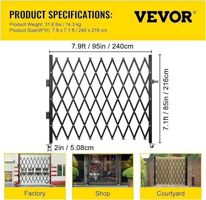 VEVOR Single Folding Security Gate, 7.25 ft H x 7.8 ft W Folding Door Gate, Steel Accordion Security Gate, Flexible Expanding Security Gate, 360° Rolling Barricade Gate, Scissor Gate/Door with Padlock