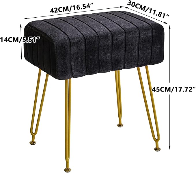 IBUYKE Velvet Rectangular Footrest Ottoman, Makeup Vanity Stool Side Table, Dressing Table Seat, Pouf Couch Stool, Golden Steel Legs, Black LG-51B