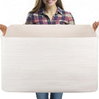 95L Extra Large Blanket Basket, 24" x 16.9" x 14.2" Woven Storage Basket for Living Room, Rectangle Nursery Blanket Storage for Toys, Towels, Dirty Clothes (White)