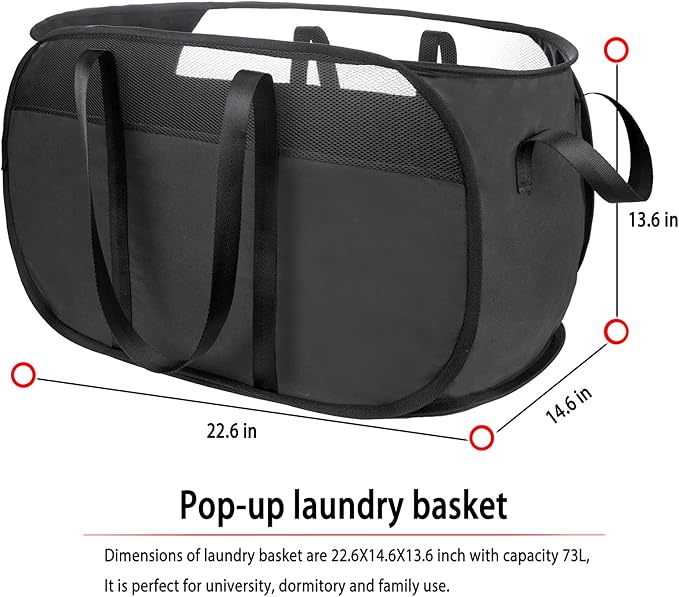Pop Up Laundry Hamper，with Durable Handles collapsible laundry basket，Easy to Open and Fold for college Dorm,kids room，travel (Black)…