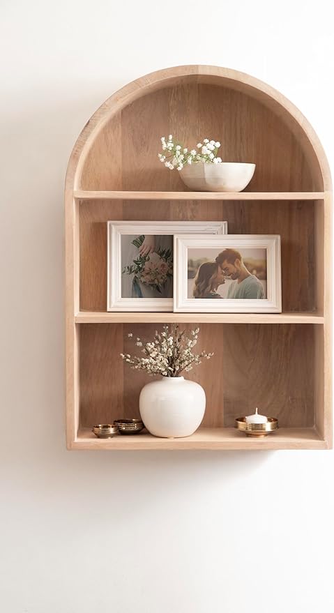 Kate and Laurel Arcott Modern Arched Wall Shelf, 18 x 26, Natural Wood, Transitional Arch Wall Shelves for Over-The-Toilet Storage or Entryway Storage Shelf