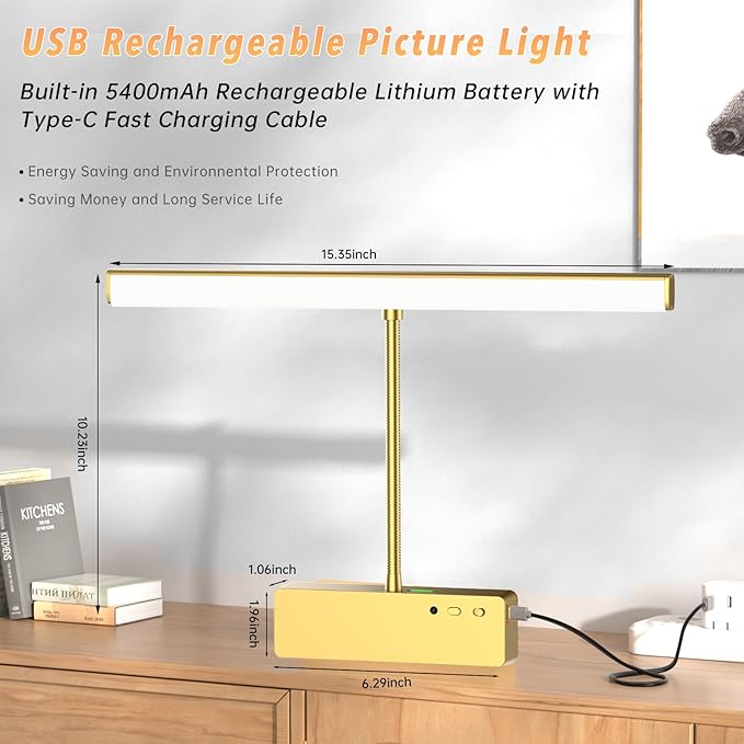 Lightbiz Picture Light, 15.35inch 5400mAh Rechargeable Picture Lights for Wall Battery Operated Wall Lights with Remote, 3 Colors Paintings Light Dimmable Art Light for Artwork, Gallery (Gold)