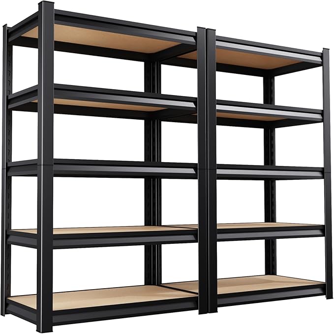 72”H*36”W Garage Shelving Heavy Duty Storage Shelves, 5-Tier Metal Adjustable Shelving Unit, 2000LBS Utility Garage Organizer Shelf Rack for Pantry, Kitchen, Warehouse, Black, 2 Pack