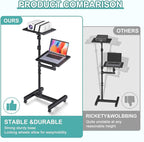 2 Shelves Projector Stand Tripod, Height Adjustable Max 64", Mobile Laptop Cart on Wheels Projector Tripod Stand, Overbed Table with Wheels, Rolling Laptop Floor Stand for Couch