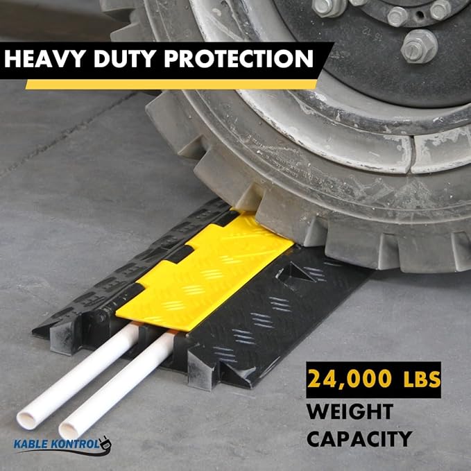 Kable Kontrol Atlas Heavy Duty Cable Protector Ramp - 2 Channel Bulk Wholesale Pallet - 60 Pcs - 40” Long Black & Yellow - 24,000 Lbs Capacity - Rubber Speed Bump Wire Protector Cord Cover - CP9987