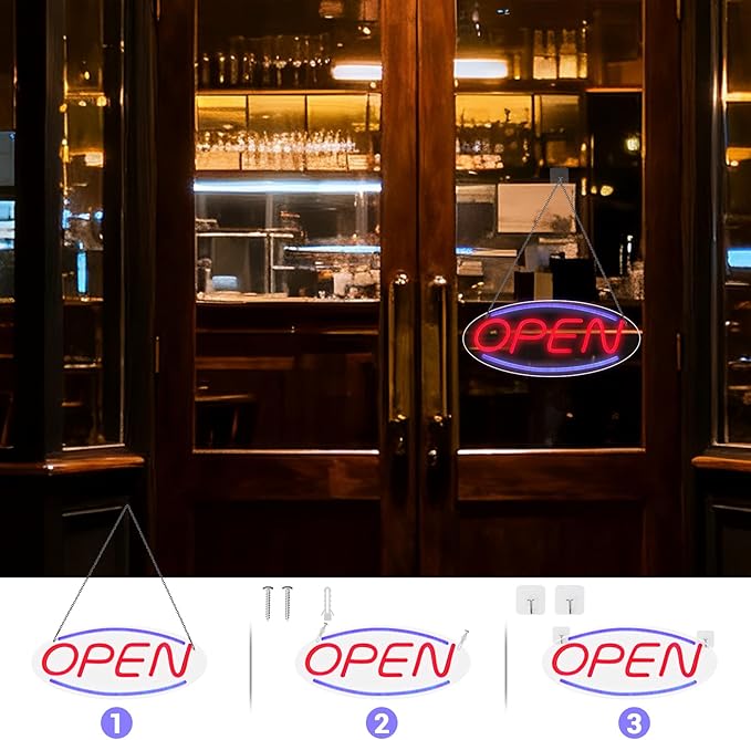 LED Open Sign 13.8"x5.9" for Shop/Bar/Salon Window/Door, Neon Open Sign, Colorful Strip, USB Powered, Transparent Backboard, Hooks/Screws/Chain