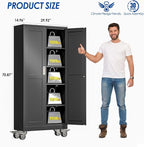 Metal Garage Storage Cabinet with Lock, Steel Tool Cabinet with 2 Door and 4 Adjustable Shelves, 71” Tall Lockable File Cabinet with Wheels, Rolling Cabinet for Home Office Garage Gym - Black
