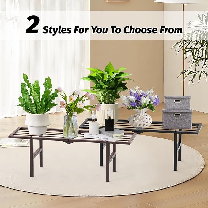 2 Pack Metal Plant Stand Outdoor Indoor, 1 Tier Folding Tiered Corner Flower Display Holder Shelf, Stackable Heavy Duty Multiple Plant Rack for Windowsills Patios Balconies, Brown
