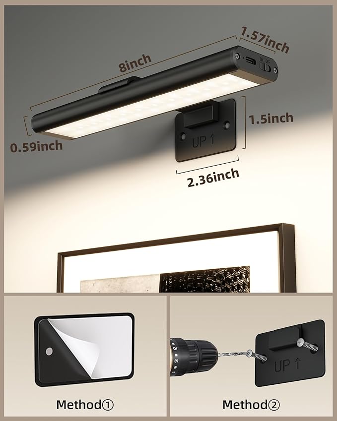 EZVALO Picture Light for Wall, Rechargeable 2400mAh Battery Lights Wireless Remote, 3 Color & Dimmable Magnetic 8'' LED Lights Display for Painting, Living Room, Gallery, Bedroom, Dashboard(Black-3P)