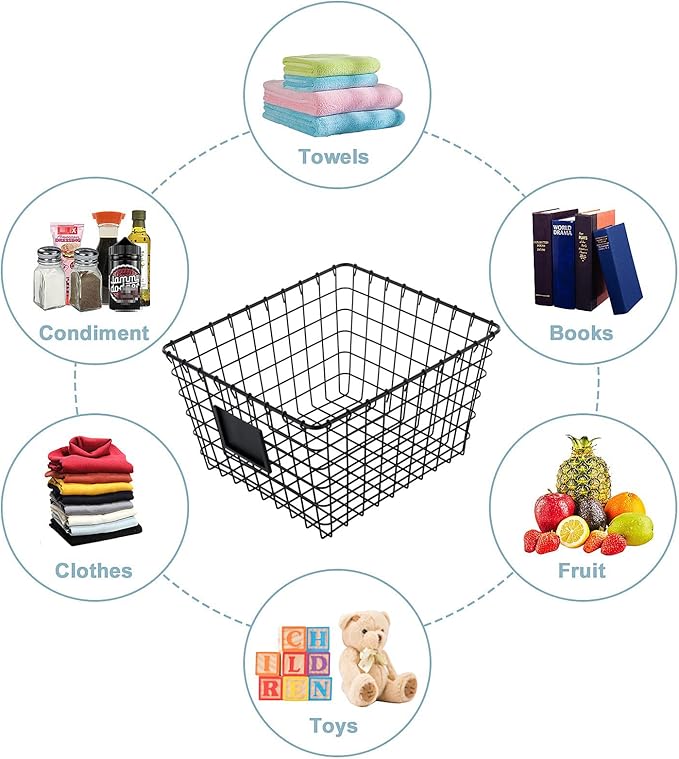 4 Pack【Large】 Wire Handmade Storage Basket for Organizing Household Goods,Pantry Organization,Bathroom countertop,Laundry,Wardrobe Storage Basket,Black