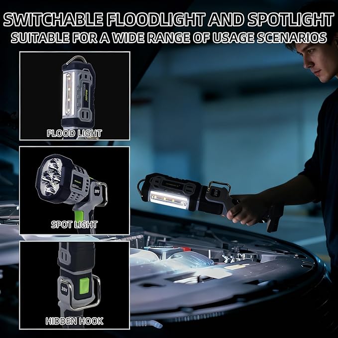 20W Cordless LED Work Light, Switchable Spotlight and Floodlight for 2000 Lumens, Makita 18V/20V LXT, 500m/1640FT Beam, Built-in Hook for Jobsite and Camping (Battery Not Included)