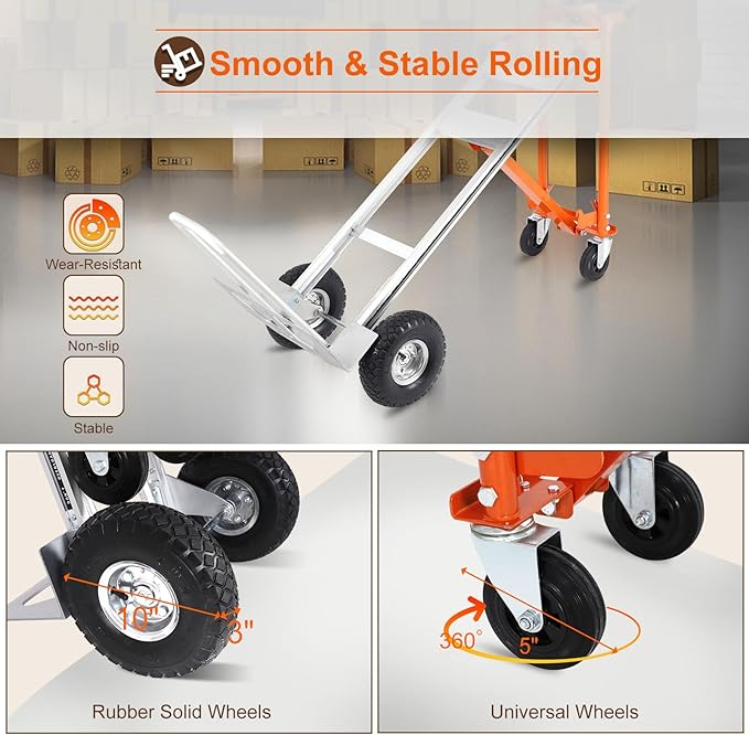4-in-1 Convertible Hand Truck Dolly Cart, 770 lbs Heavy Duty Folding Hand Truck with 10" Solid Wheels, Aluminum Portable Dolly Hand Cart for Moving, Office, Home & Warehouse Use