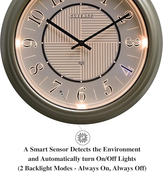 CLXEAST 14 Inch Self-Illuminated in/Outdoor Atomic Wall Clock for Home Office, Night Light Wall Clocks for Living Room Decor,Modern Farmhouse Morning Silver/Gold Finish