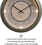 CLXEAST 14 Inch Self-Illuminated in/Outdoor Atomic Wall Clock for Home Office, Night Light Wall Clocks for Living Room Decor,Modern Farmhouse Morning Silver/Gold Finish