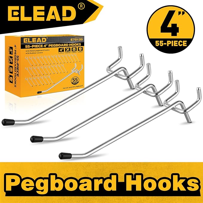 ELEAD 55-Piece 4 Inch Pegboard Hooks, Heavy Duty Peg Board Organizer Accessories, Peg Board Tool Hangers Fit for 1/4" and 1/8" Pegboard Hanging Tools Garage, Workshop, and Craft Storage