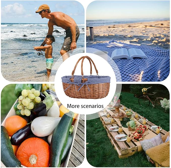 Large Wicker Picnic Basket with Handles,Handle Sturdy Woven Body with Removable and Washable Lining,Outdoor Camping,Gift Packing,Garden Picking, Storage.Blue