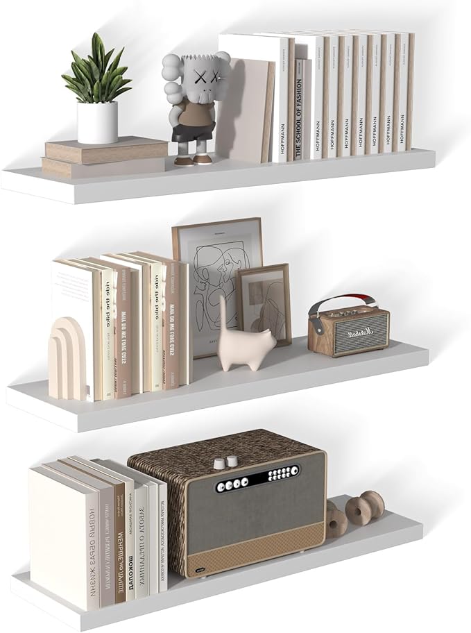 12 Inch Deep Floating Shelves for Wall 3 Pack Floating Shelfs Large Storage Space Wall Decor Display Shelf for Bathroom Living Room Bedroom Kitchen 40" W x 12" D x 1.2" H White