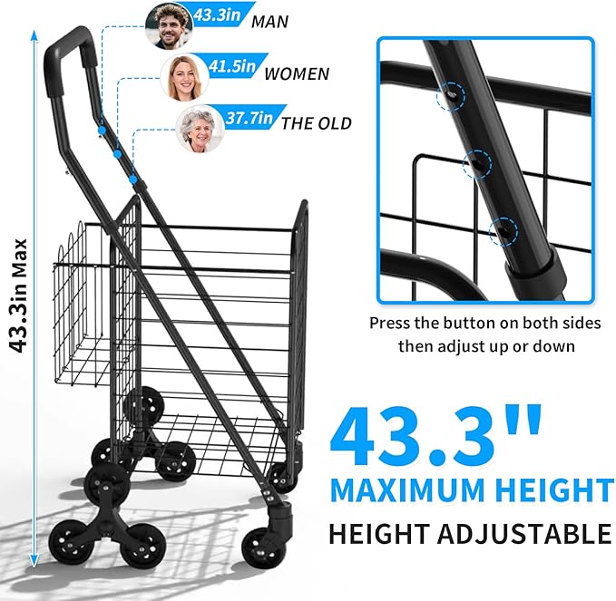 Folding Shopping Cart with Waterproof Liner, Heavy-Duty Stair-Climbing Grocery Cart with 360° Swivel Wheels - Extended Foam Handle - Utility Trolley for Laundry, Travel, Shopping (Black)