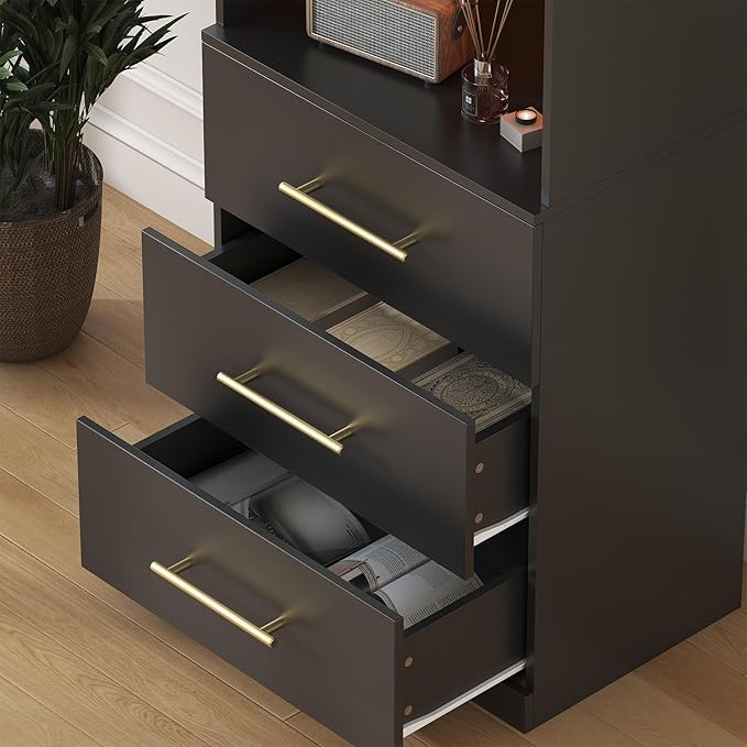 Winkalon 71“H Black Bookshelf with LED Light, Bookcase and Bookshelf with Drawers, Tall Bookcase Tall Storage Cabinet 3-Tier Open Shelves for Home Office Living Room Bedroom, 15.8"D x 23.6"W x 70.9"H