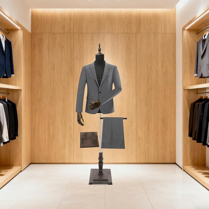 Male Clothing Display Racks, Height Adjustable Clothing Store Clothing Props with Stand and Solid Wood Arm, Male Mannequin Torso for Market Shop Window Display (Dark Grey)